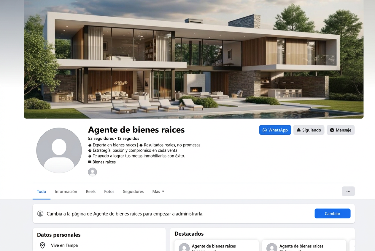 Antes: página de una marca inmobiliaria sin portada profesional ni identidad visual