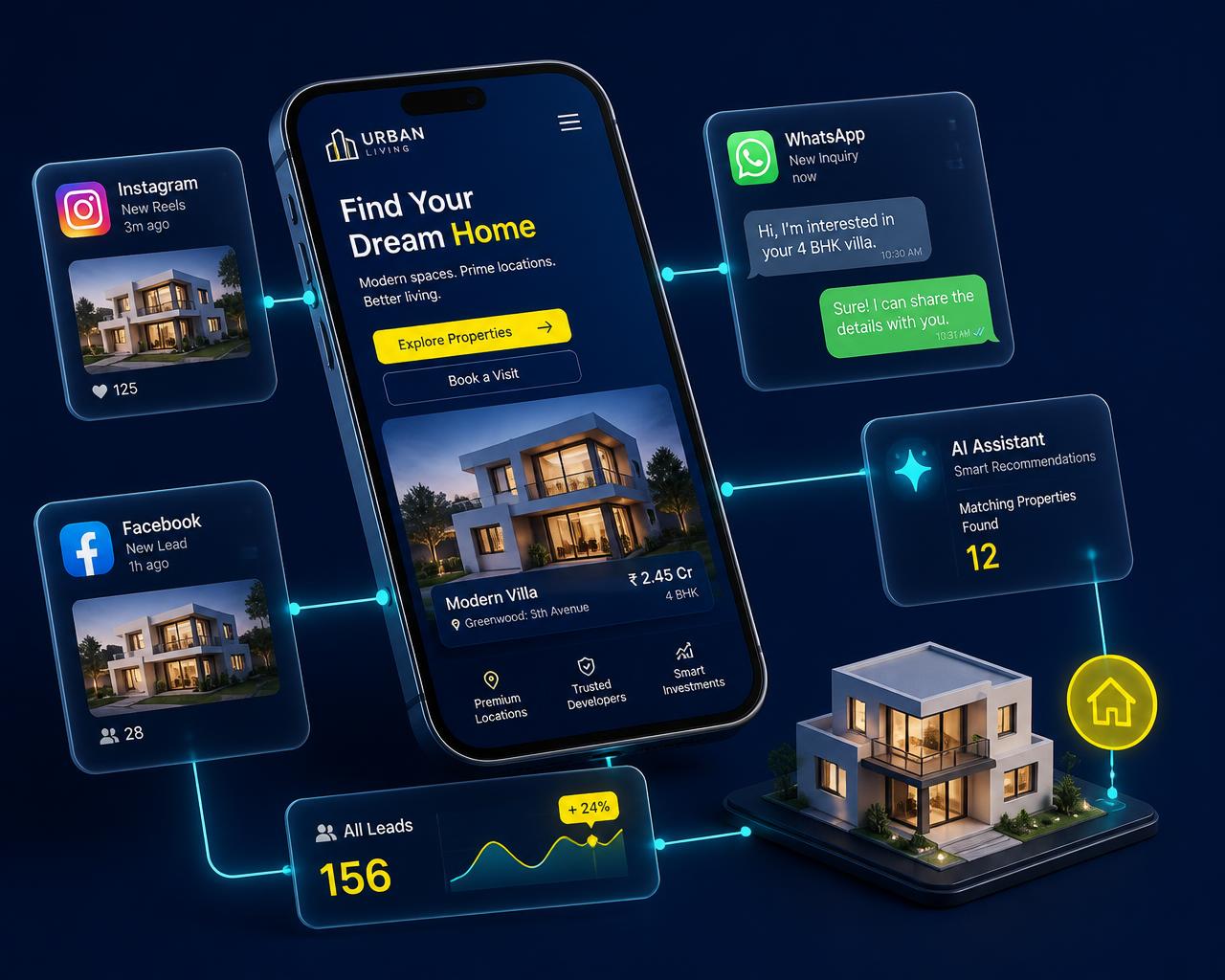 Ecosistema digital inmobiliario: redes sociales, web, WhatsApp y agente de IA conectados